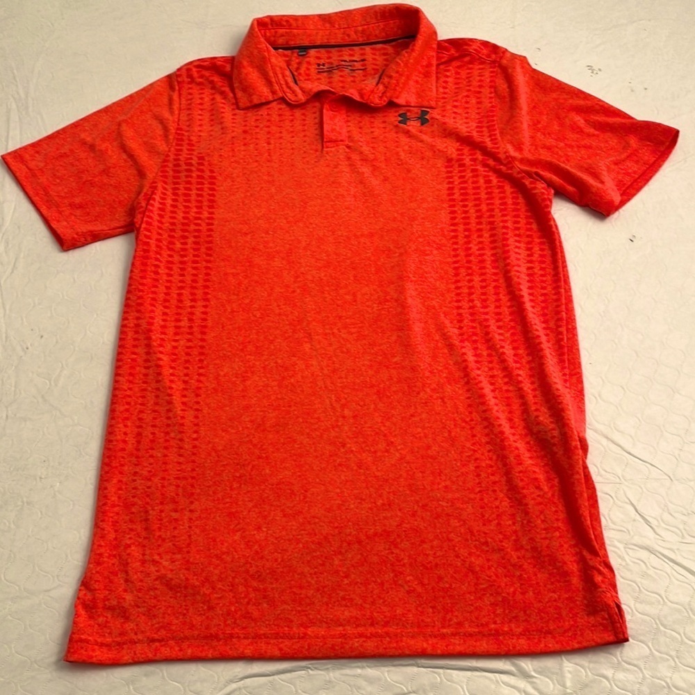 Under Armour neon orange loose fit gray logo performance polo shirt